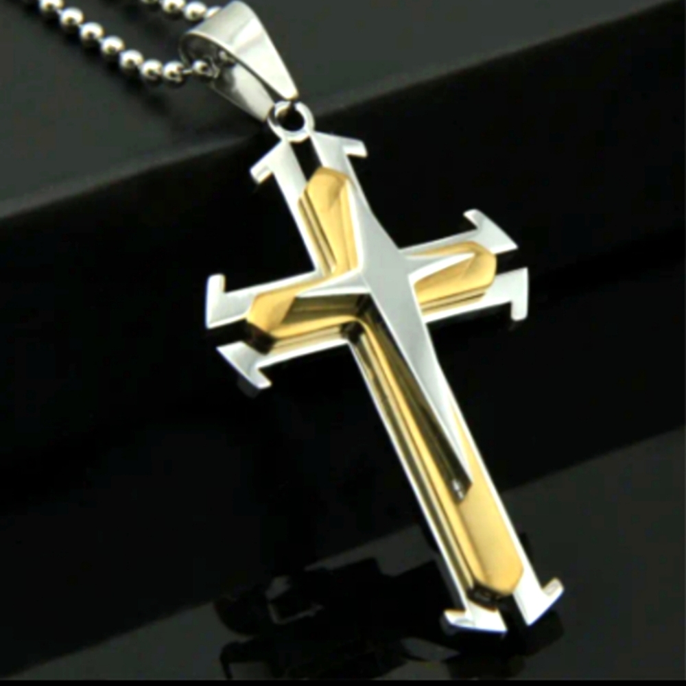 🆕Men's Cross Necklace Gold/Silver Stainless Steel NWT